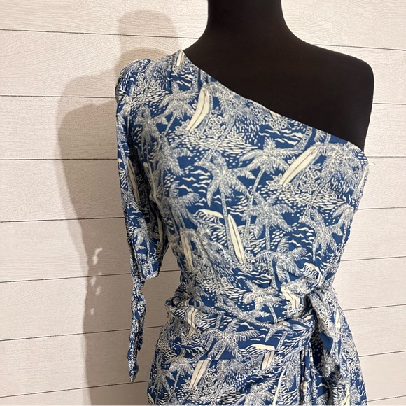 Reformation Rainey Dress Bali Blue Tropical One Shoulder Wrap Tie Size 8 - Picture 5 of 11